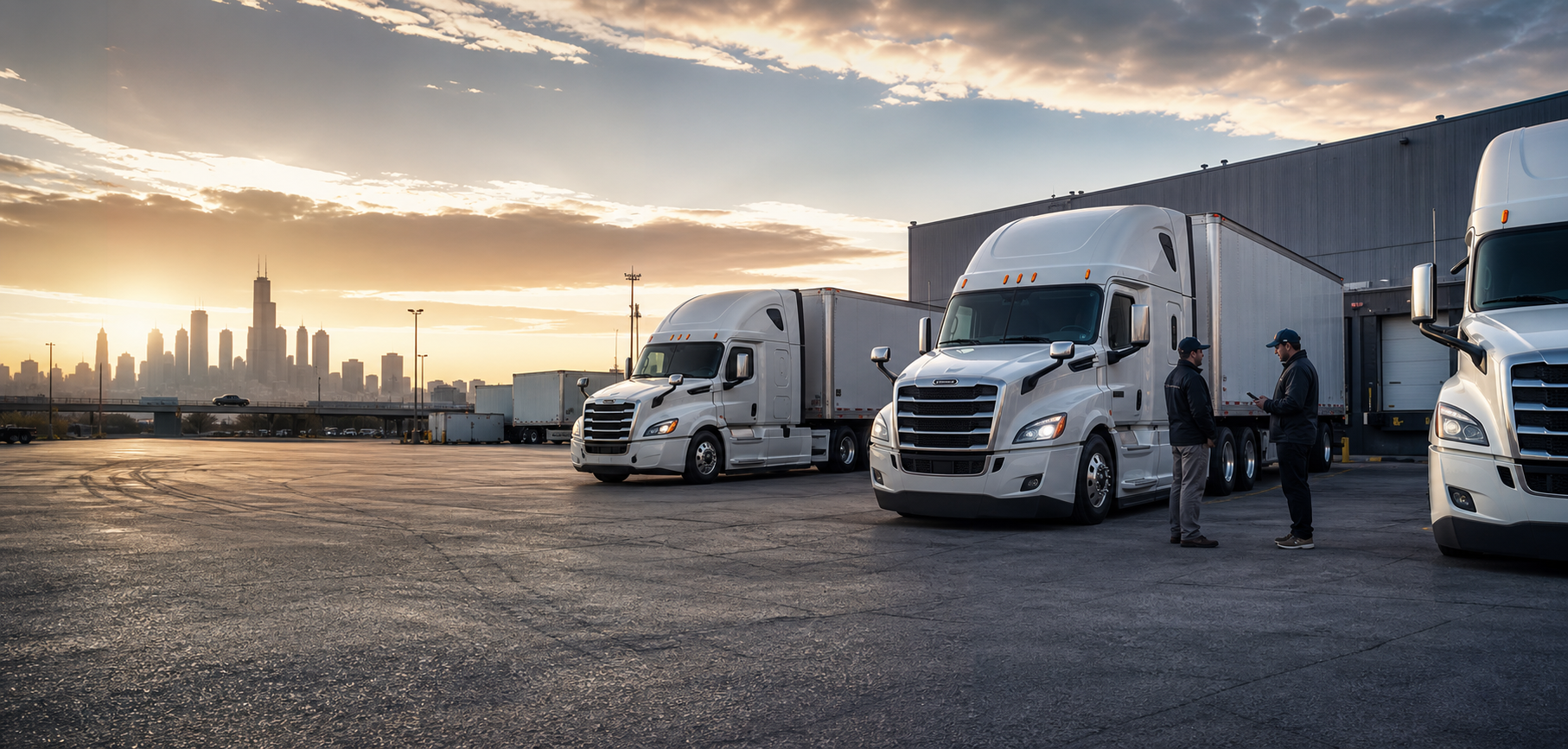 Semi trucks parked at a freight terminal at sunset